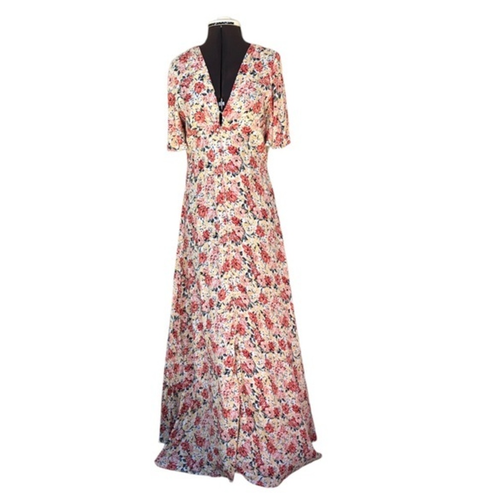 Skies Are Blue Floral Yellow Red White Button Down Cape Sleeve Maxi Dress XS